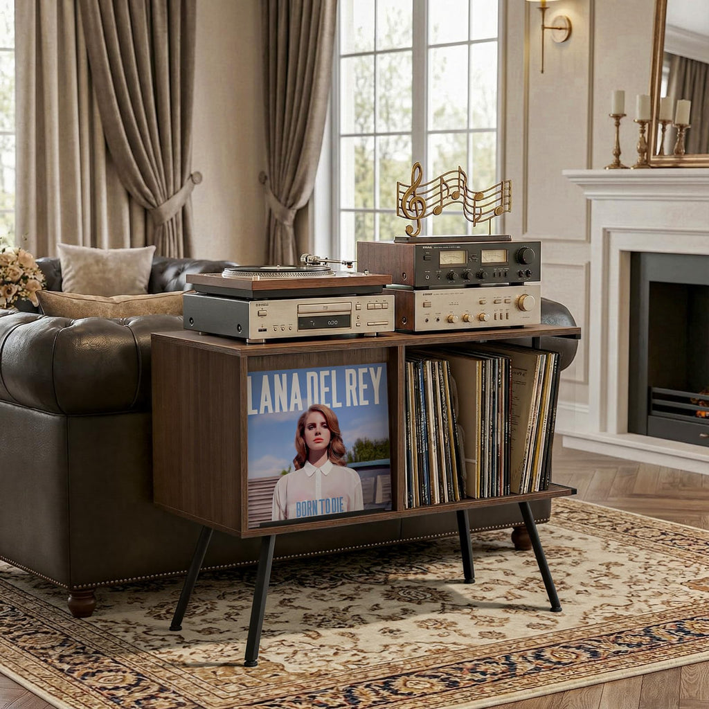Record Player Stand with Flip-Down Record Shelf, Walnut