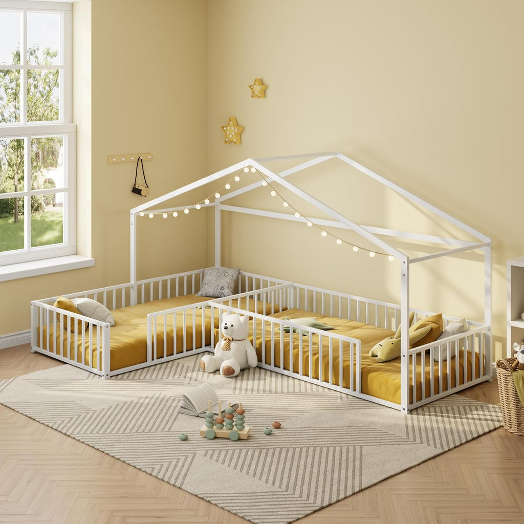 Double L-Shaped Montessori Bed, Metal Corner Hose Bed Frame with Fence, House-Style Floor Bed for 2