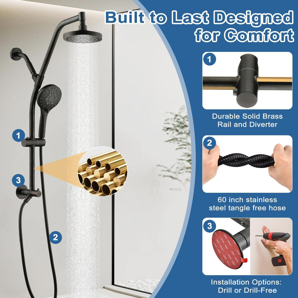 Rain Shower Head with Handheld Combo, Dual Shower System with Slide Bar, Adjustable Height, Brass Slide Bar &