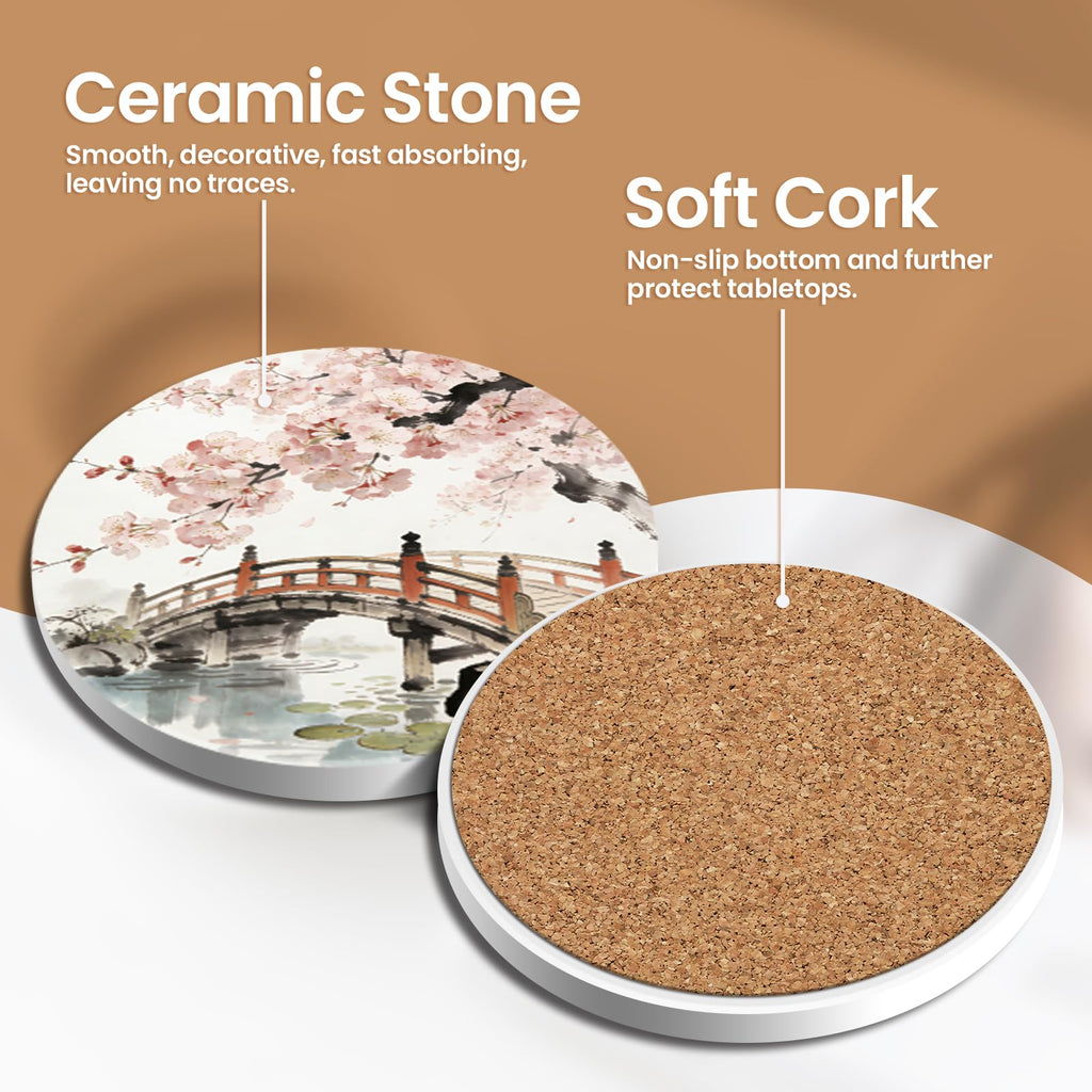 Ceramic Coasters for Drinks, Round Absorbent Drink Coasters Set of 8 with Holder, Japanese Cherry Blossom and Ink