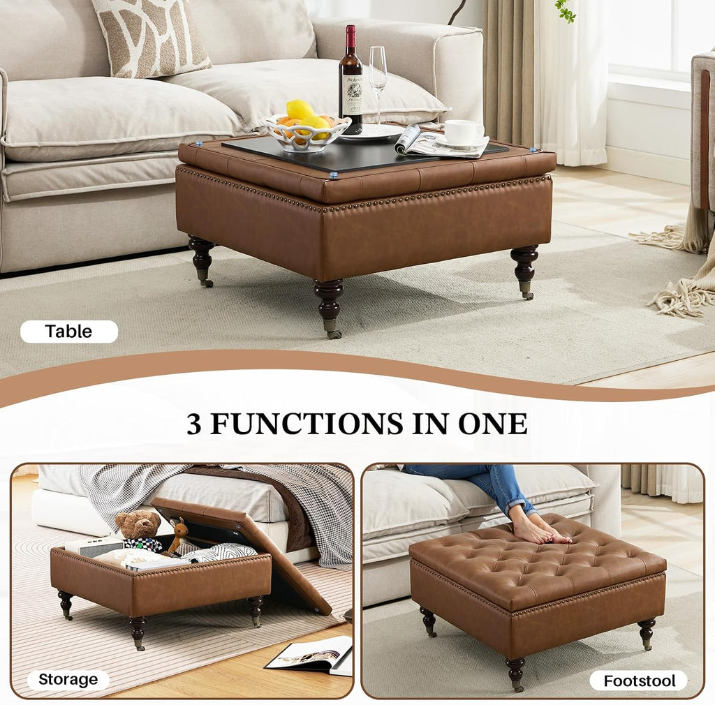 Square Ottoman Coffee Table, Large Leather Ottoman with Storage | Oversized Footstool, Wood Caster Wheels, Brass