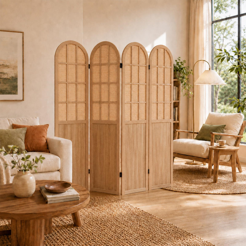 4 Panel Room Divider Privacy Screen Bamboo Wood Light Brown