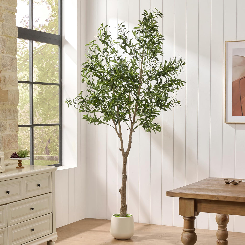 7ft Artificial Olive Tree Indoor with Tall White Planter, Realistic Faux Olive Tree with Natural Wood Trunks