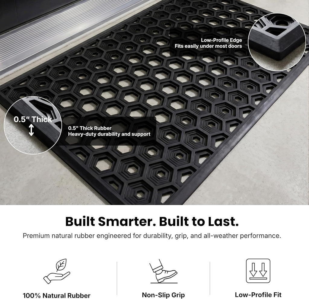 Subhera Collection Heavy Duty Rubber Door Mat 25"×39" Non-Slip Drainage with Dirt Scraper | Outside Doormat for Front