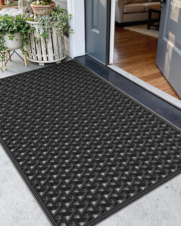Door Mat Outside Entrance with Drainage, 32"X48" Black | Rubber Heavy Duty Dirt Trapper Waterproof Outdoor Welcome