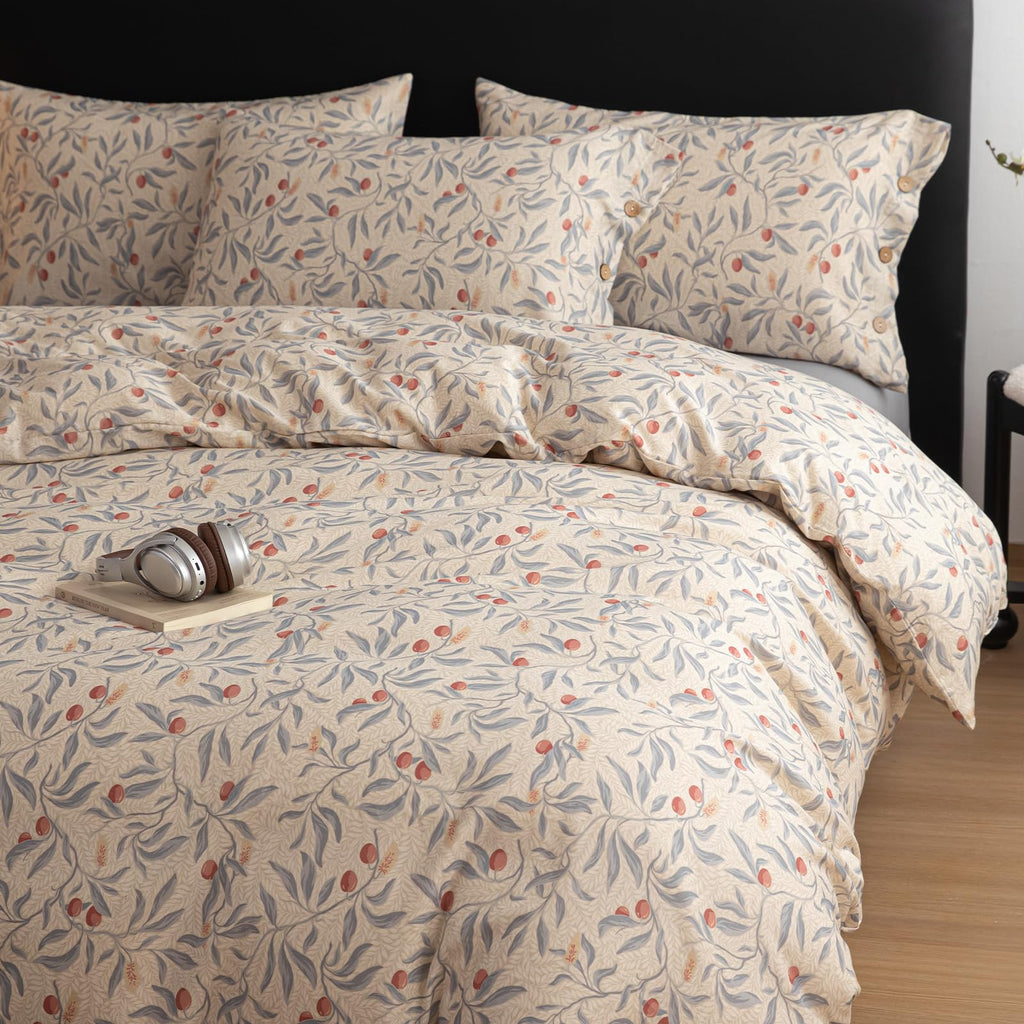 Cotton Linen Floral Duvet Cover Set - Vintage Botanical Print Bedding with Wooden Button Closure, Soft