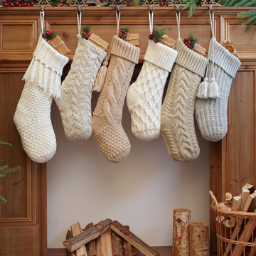 Vintage Knit Christmas Stockings - White Beige Apricot Rustic Boho Farmhouse Cable Knitted Holiday Set - Set of 6