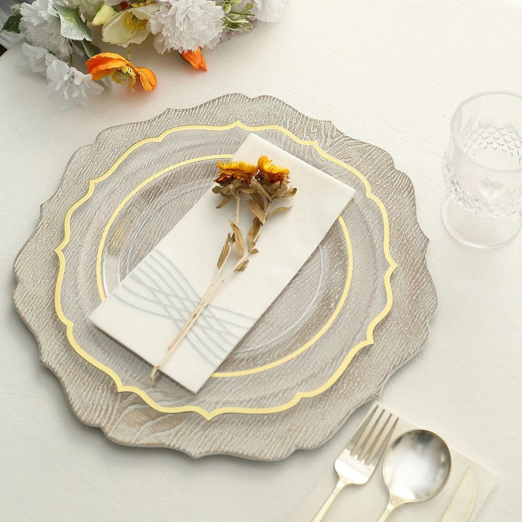 Rustic White 13 in Wooden Round Acrylic Charger Plates | 13-Inch Scalloped Trim Dinnerware Set for Holiday Parties