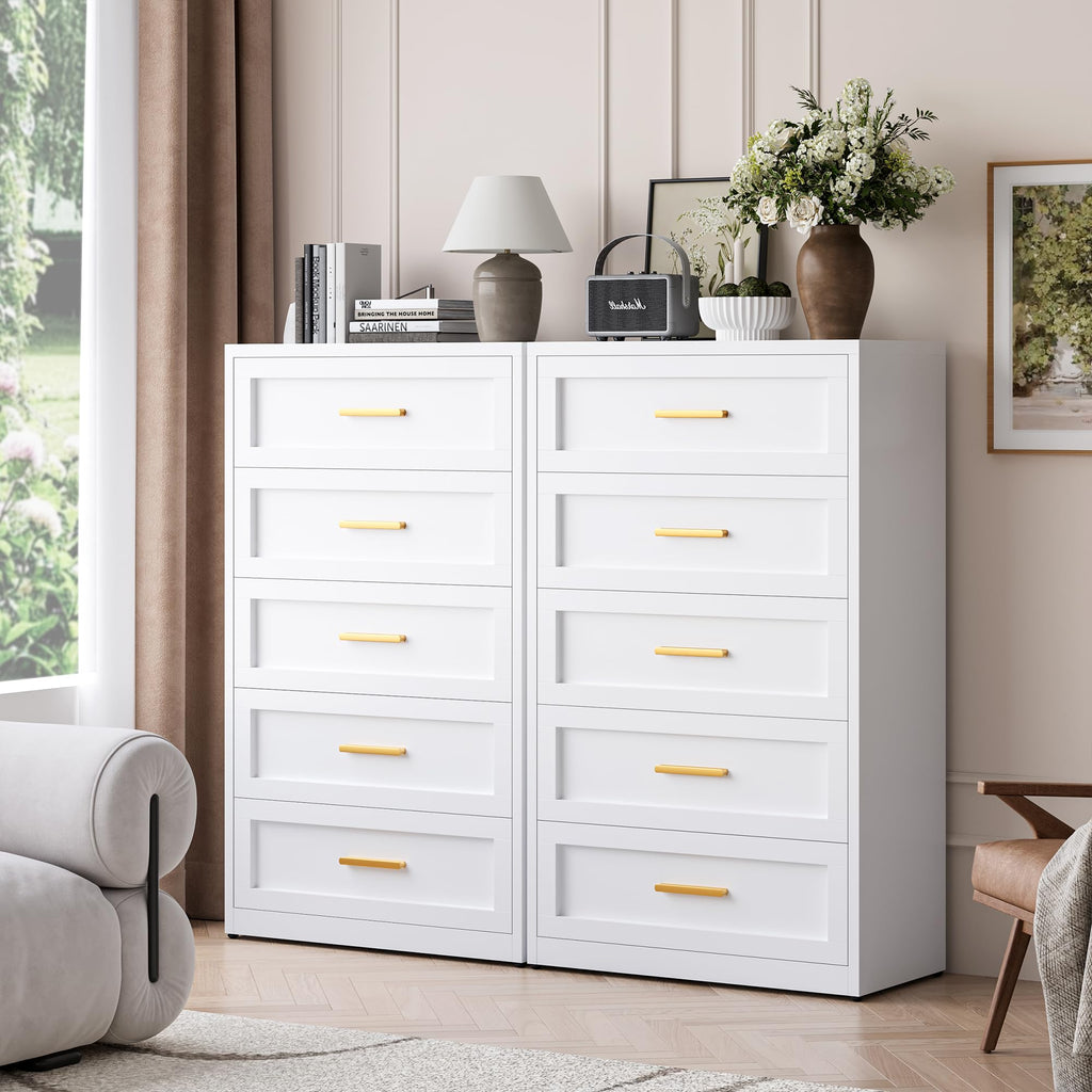 White Metal Dresser with 5 Spacious Drawers, Modern Chest of Drawers with Gold Handles, Metal Chest of Drawers