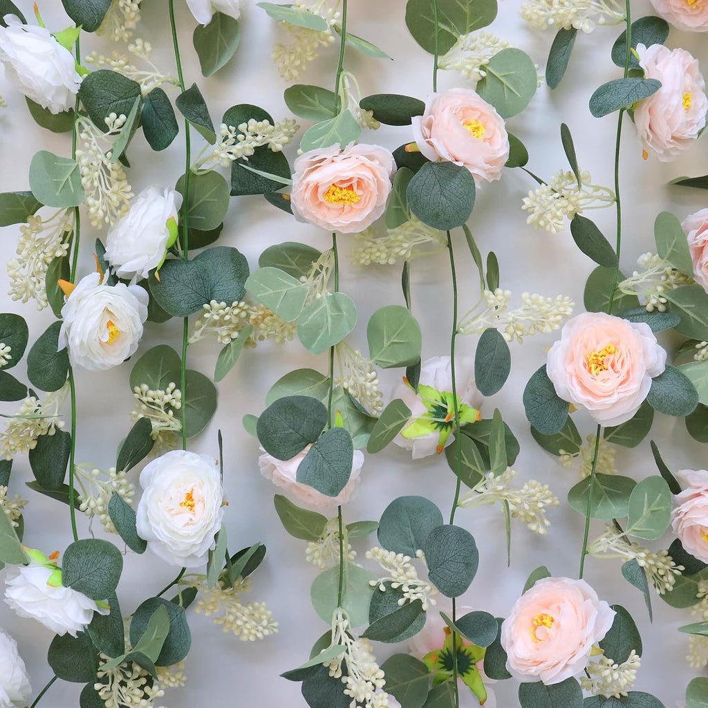 Pink 6.6Ft Artificial Eucalyptus Flower Garland with Fake Rose Flower Vine Seeded Eucalyptus Leaves Greenery - Set of 2