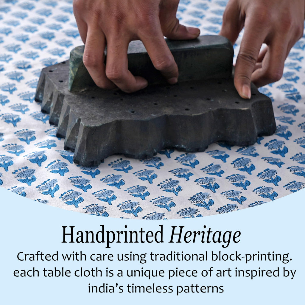 CPC Apatite Blue Block Print 100% Cotton Rectangle Tablecloth 60x90 Inch