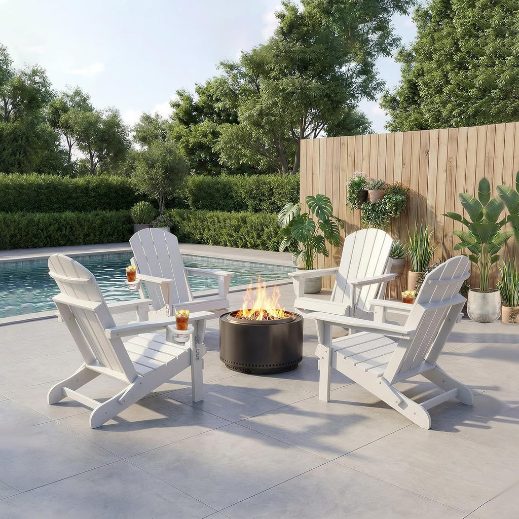 HDPE Adirondack Chair, Folding Outdoor Patio Chair with Cup Holder, Weather Resistant Wood Grain Lawn Chair for