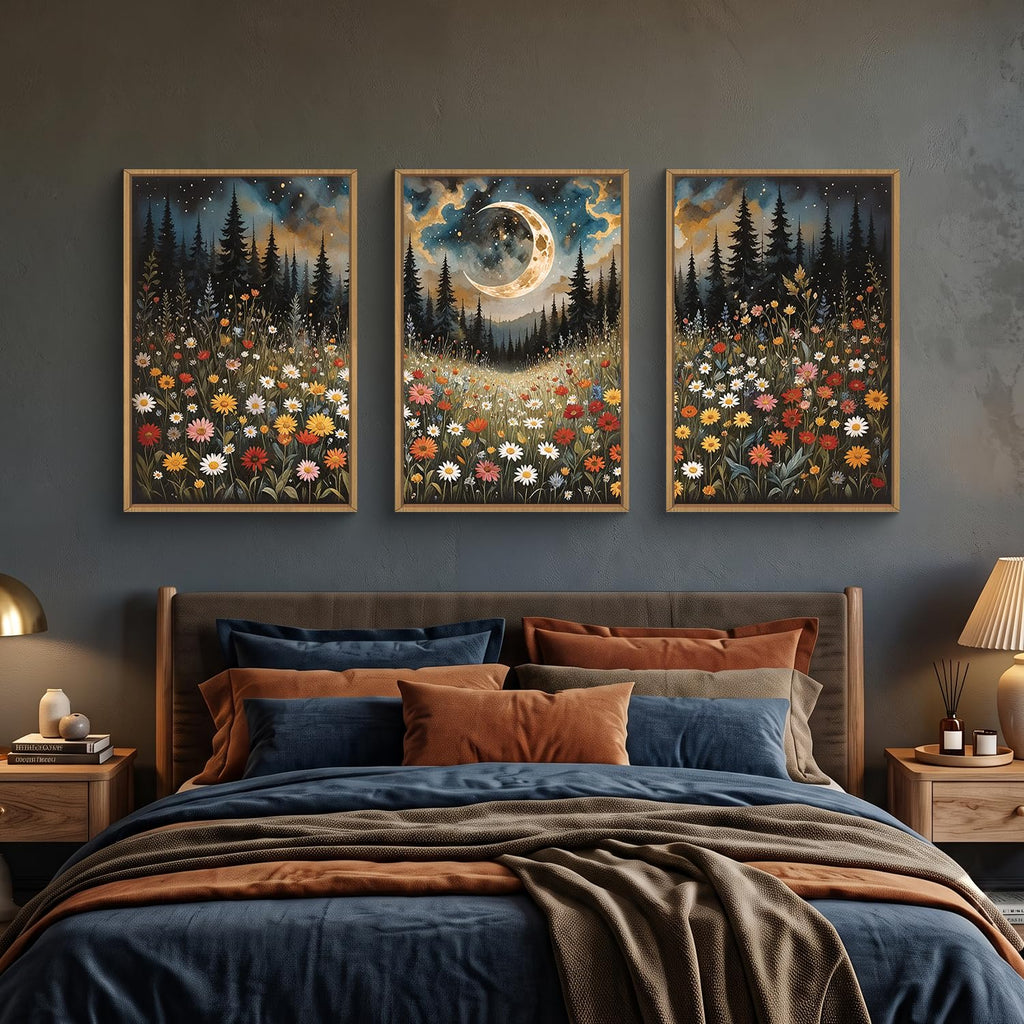Wildflower Moon Forest Framed Canvas Wall Art Set, Nature Pine Tree Wall Decor, Mystical Starry Night Artwork Rustic