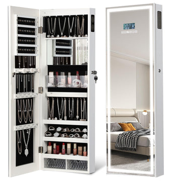 LED Mirror Jewelry Cabinet, Bluetooth Speaker, Full Length Mirror, White