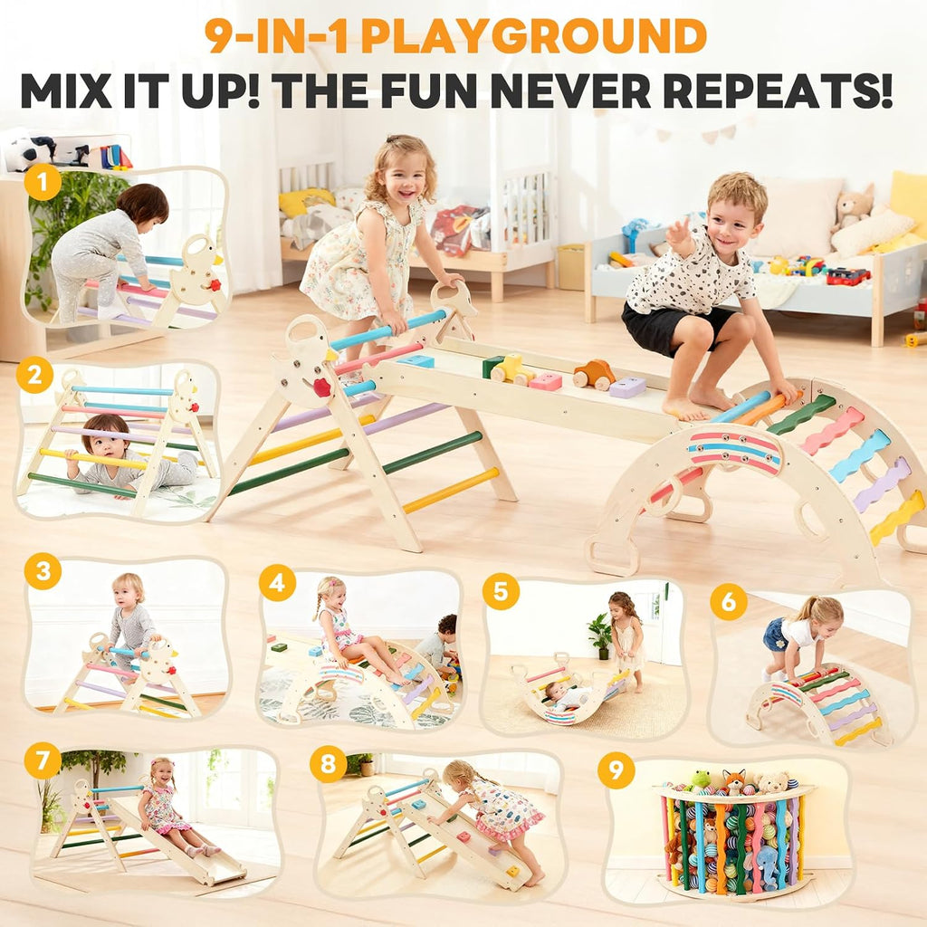 Triangle Set, Toddler Climbing Toys and Play Structure Indoor, in-1 Wooden Montessori Climbing Set with Arch, Ramp
