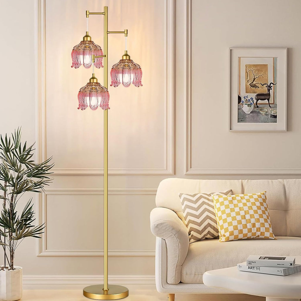 Pink Floor Lamp,Gold Mid Century Modern Standing Lamp Brass Tree 3 Light Tall Floor Lamps Vintage Retro Floor Lights