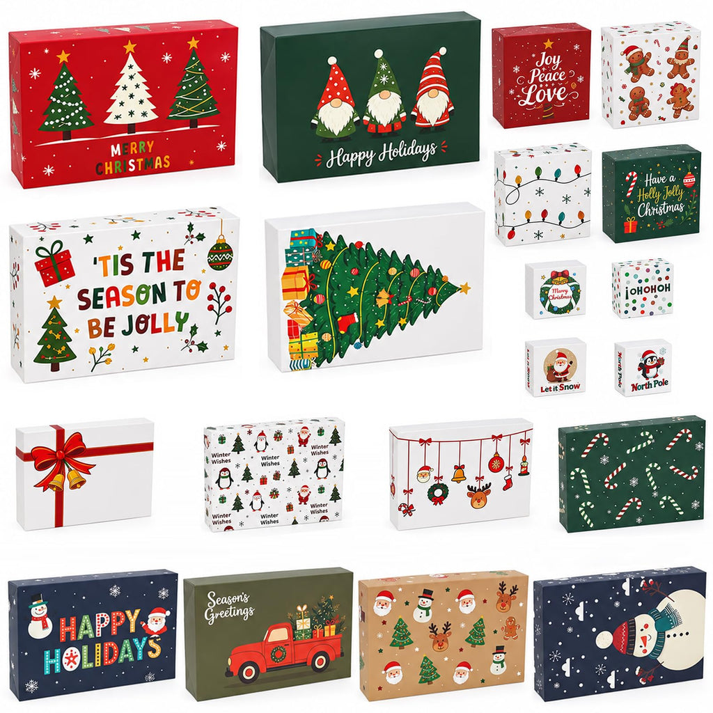 20 Pack Christmas Gift Boxes with Lids, 5 Sizes, 20 Festive Designs