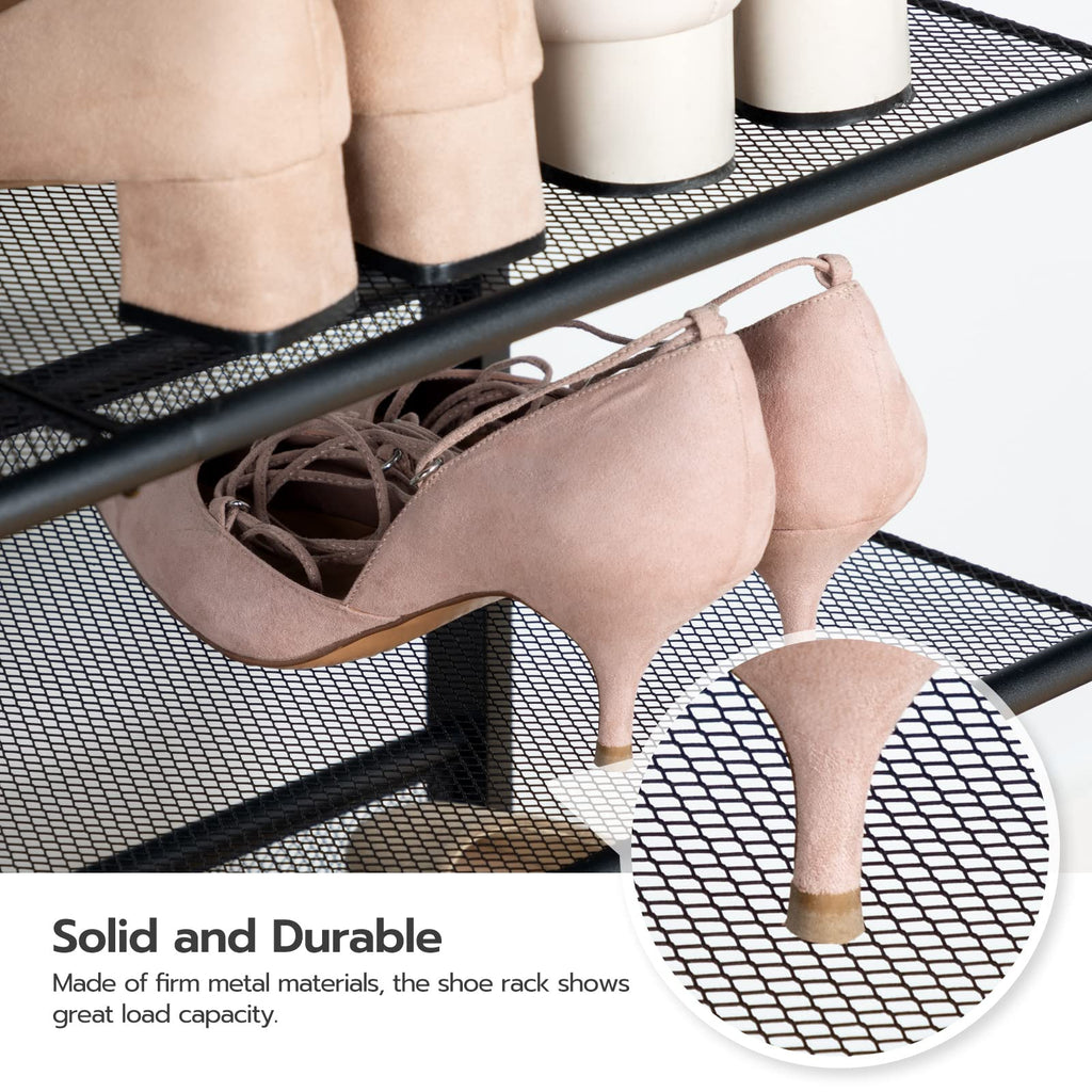 Shoe Rack, 4-Tier Shoe Organizer with Adjustable Mesh Shelves, 12-16 Pairs of Shoes, Spacious Floor Mount, Metal