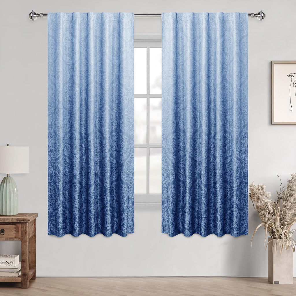 Damask Pattern Curtains, 42 x 63 Inch, Navy Blue