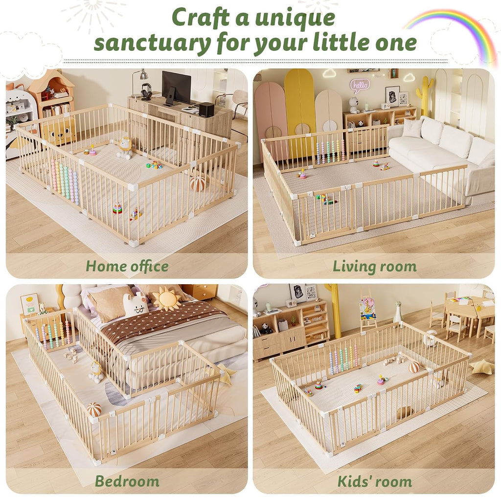 Wooden Baby Playpen, 10 Panels Fence for Babies and Toddlers 83"×57" | Size Adjustable Baby Play Yard with Locking