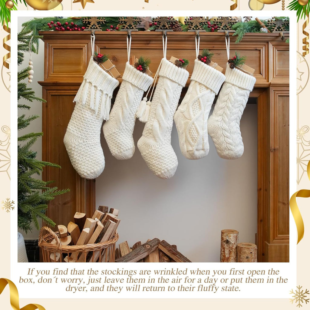 White Farmhouse Christmas Stockings - Rustic Boho Vintage Cable Knit Set, Includes 3 Small 15" and 2 Large 18" - Set of 5