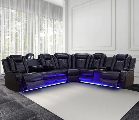 Power Recliner Sofa Sectional Couch with LED Light for Living Room,Leather Reclining Corner Sectional Sofa with 2