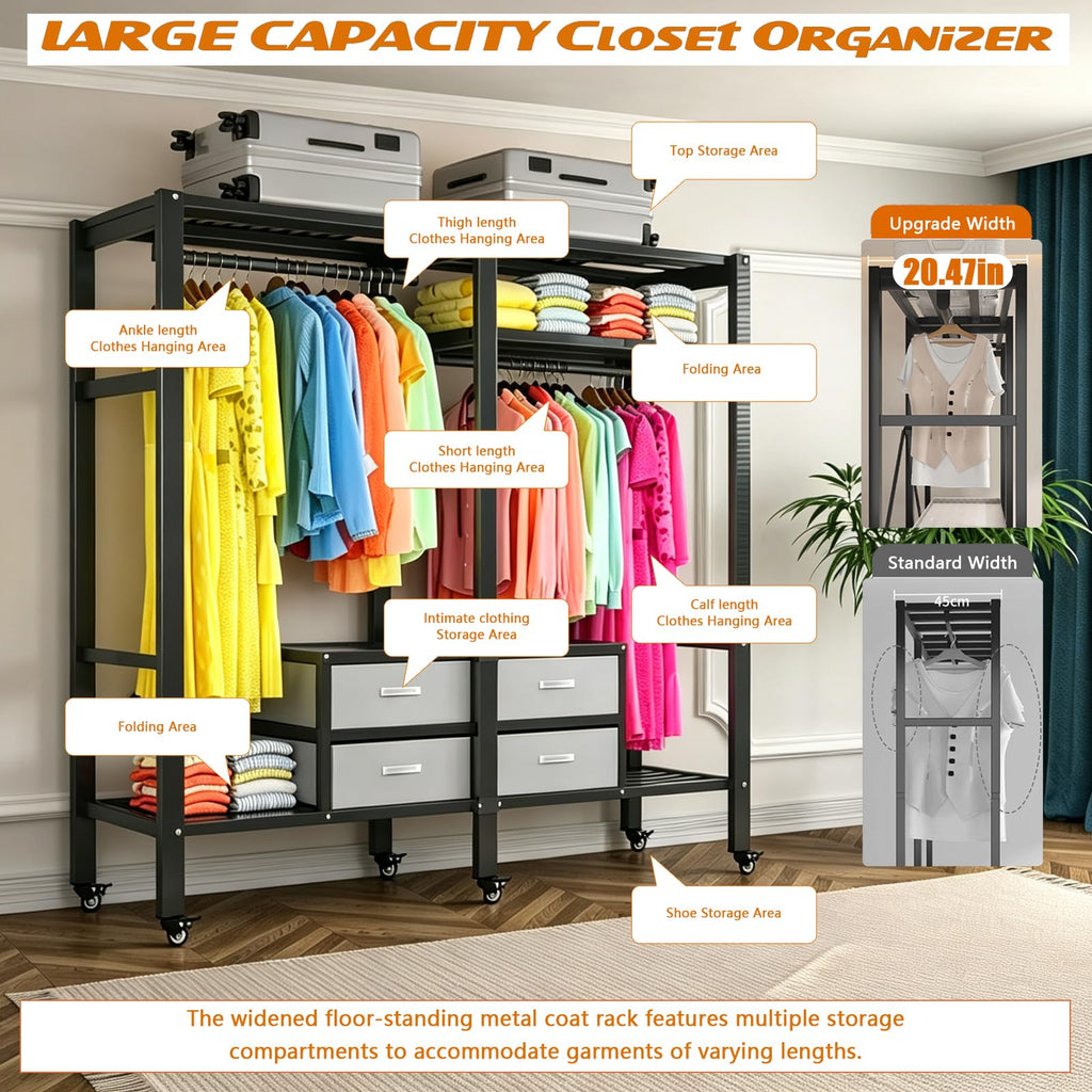 Portable Closet with Drawers Heavy Duty with Cover, KT-Black L:70.9in/180cm