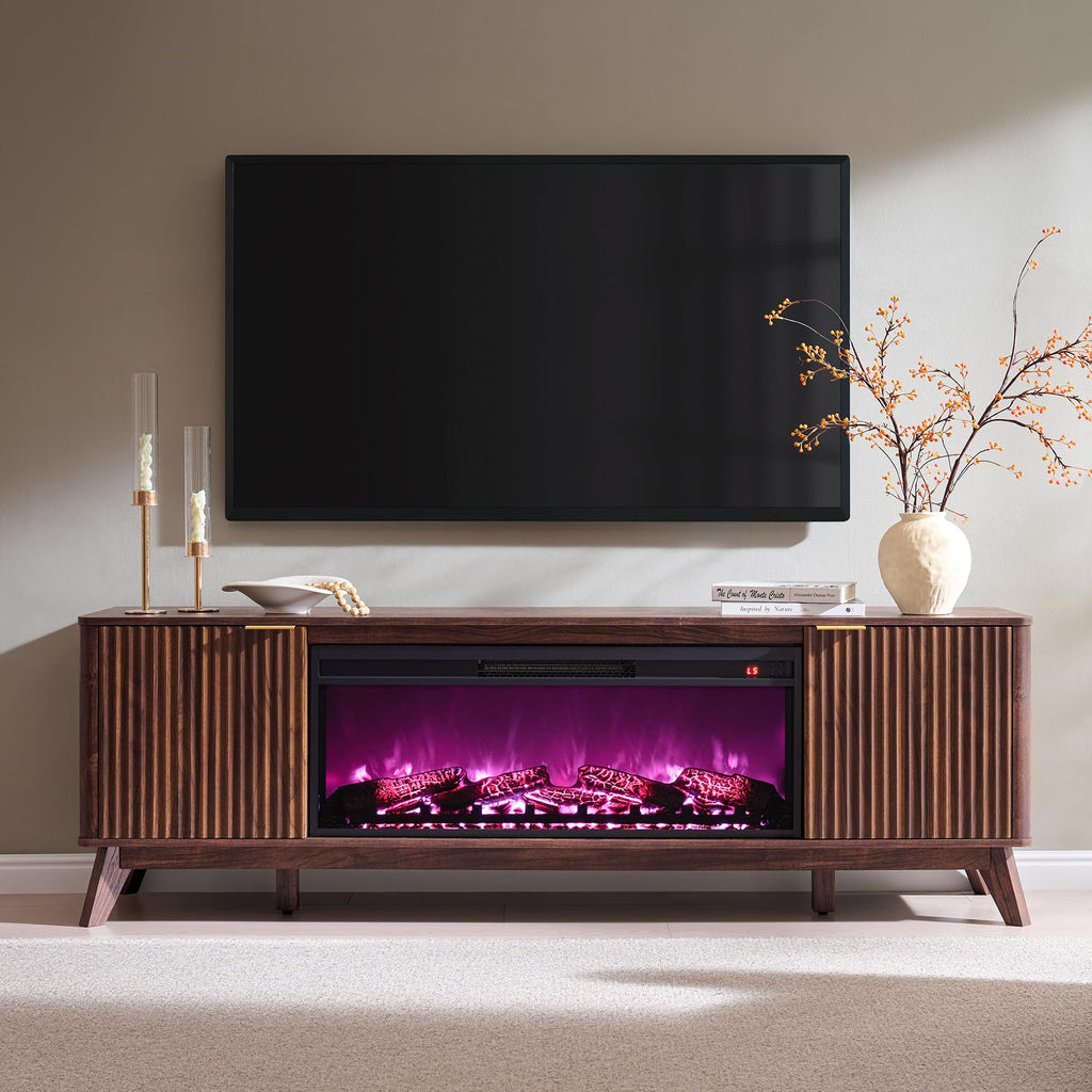 70" Fluted Fireplace TV Stand with 36" Electric Fireplace, Dark Walnut