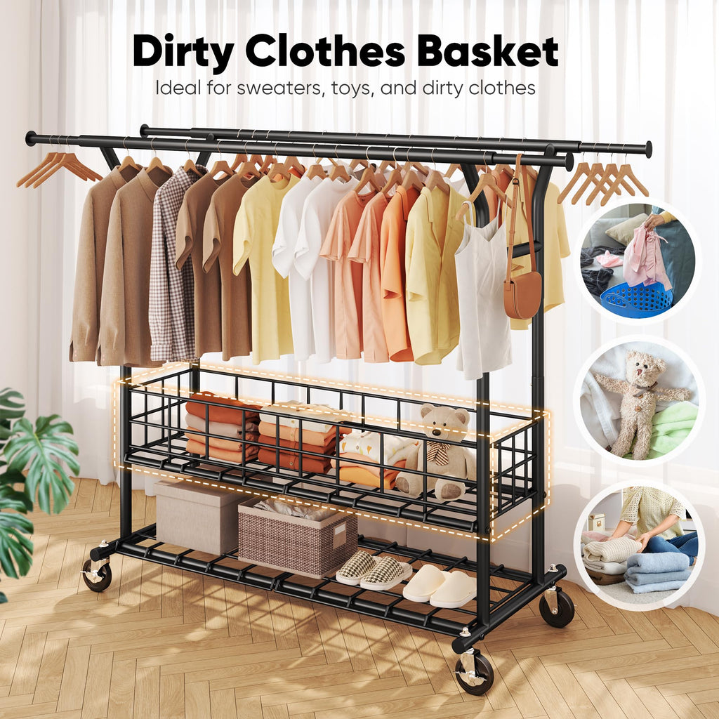 Heavy Duty Clothes Rack Load 635 LBS Adjustable Double Rod Black