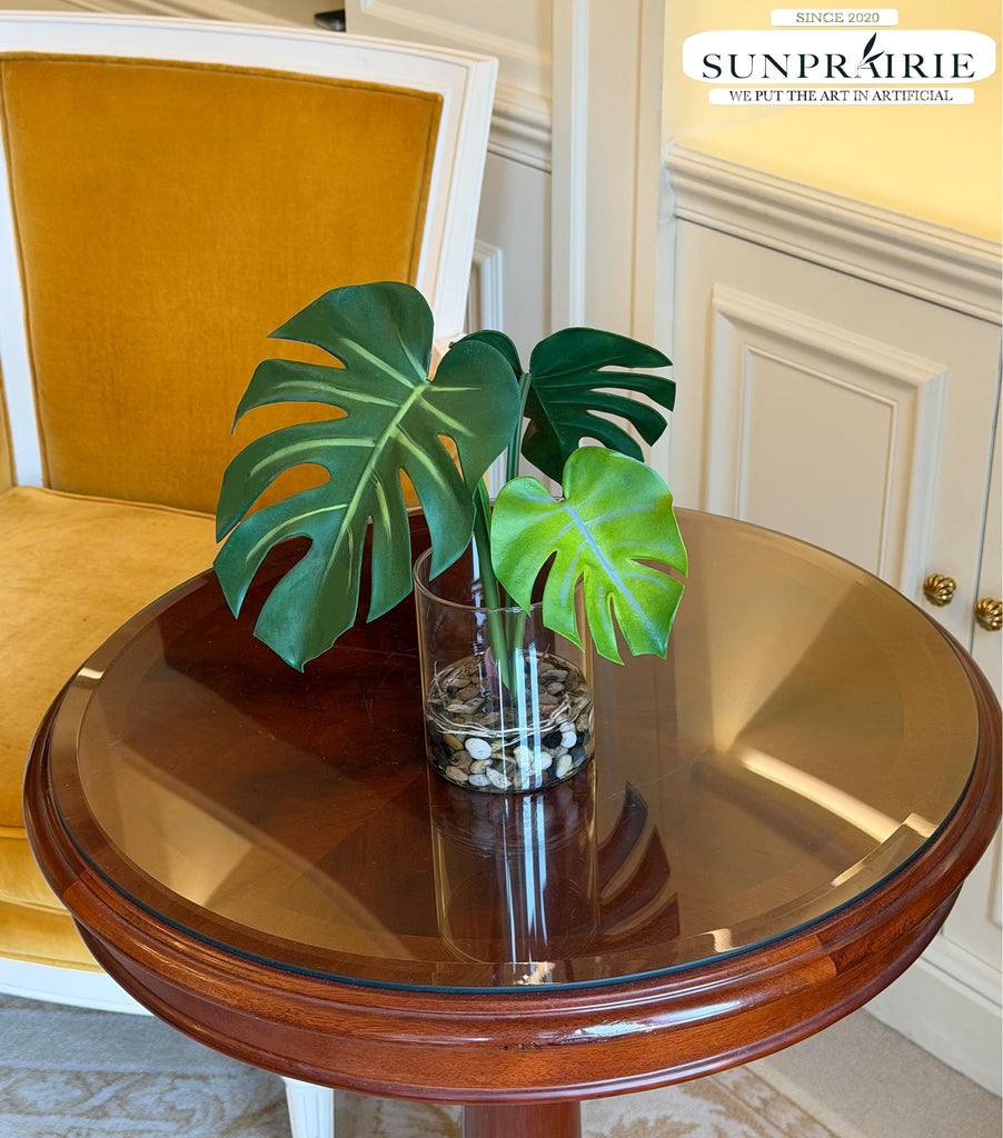 Realistic Artificial Plant in Clear Pot with Artificial Water, Broad Monstera Leaves. Faux Plants Indoor and Outdoor.