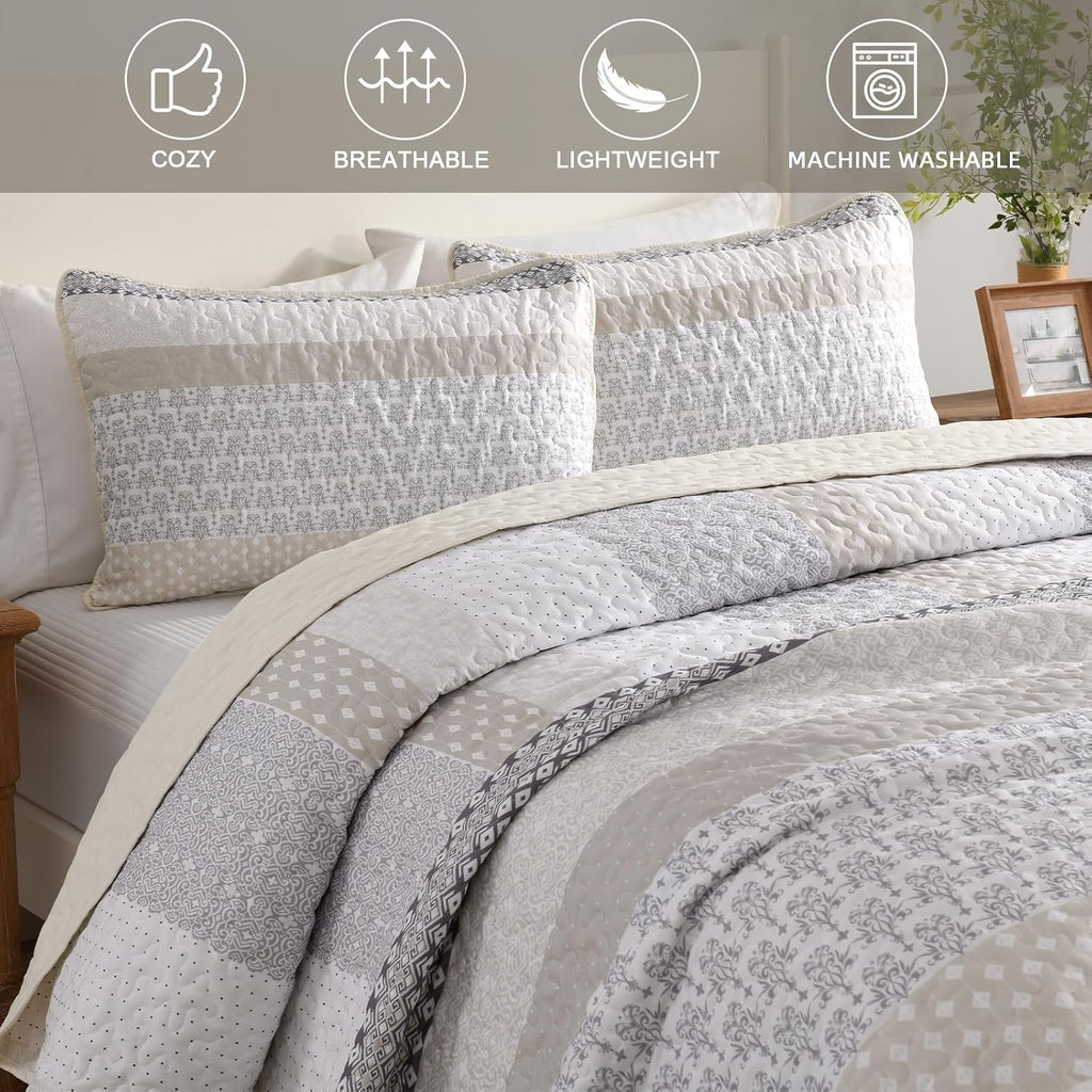 Beige Quilt Queen, Bohemian Stripe Quilt Sets 3 Pieces Beige Boho Quilted Bedspread Set Lightweight Microfiber