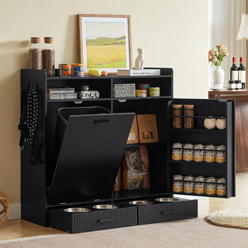 Tilt-Out Trash Can Cabinet with Storage, Dog Feeding Station, Black