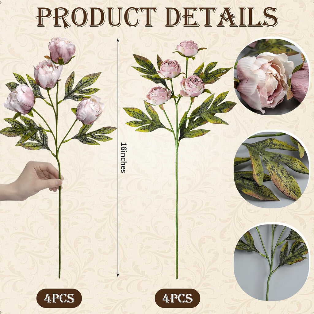 Faux Silk Peony Artificial Flowers Stem for Vase,,Brownish - Set of 8