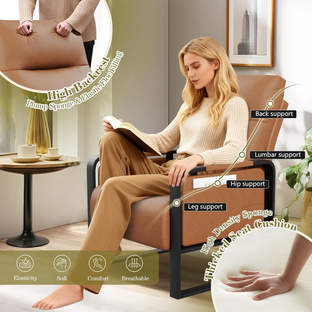 Brown Accent Chair PU Leather Upholstered Armchair with Side Table