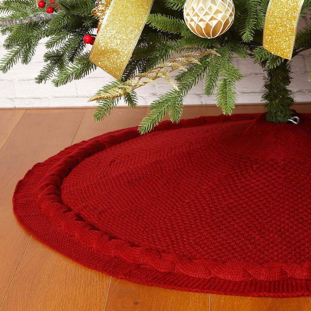 Christmas Tree Skirt, 48 inches Luxury Cable Knit Knitted Thick Rustic Xmas Holiday Decoration, Burgundy