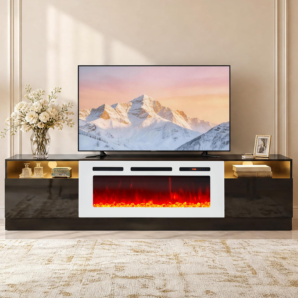 90" Fireplace TV Stand for TVs Up to 100", LED Light Entertainment Center with 50" Electric Fireplace, Modern Wood