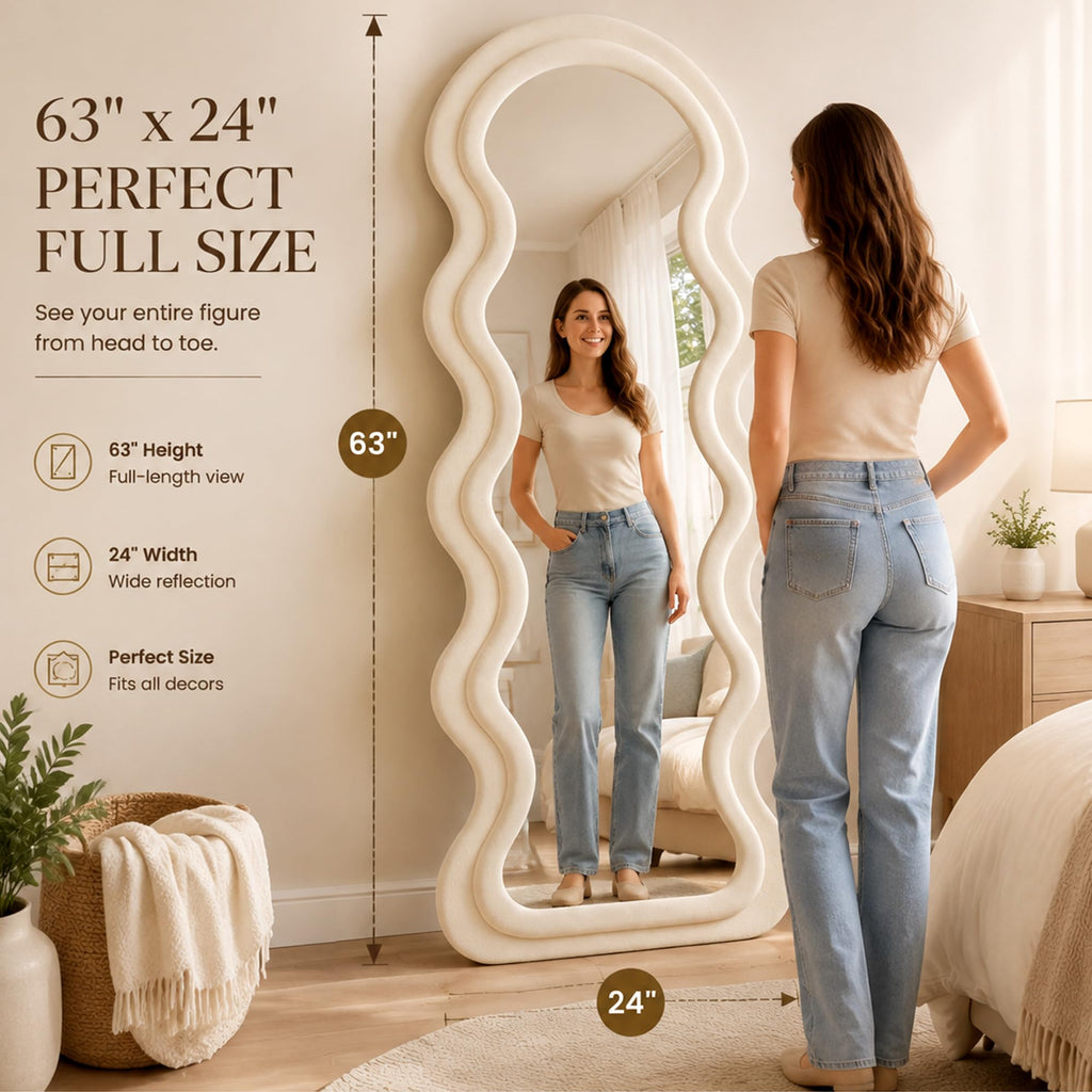 63"x24" Full Length Floor Mirror, Irregular Wavy Wave Arched Design, Wall Mounted or Leaning Standing, Flannel