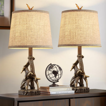 23'' Rustic Farmhouse Table Lamps Set of 2 Deer Antler Lamps Nightstand Lamp Western Cabin Side Lamp End Table Study