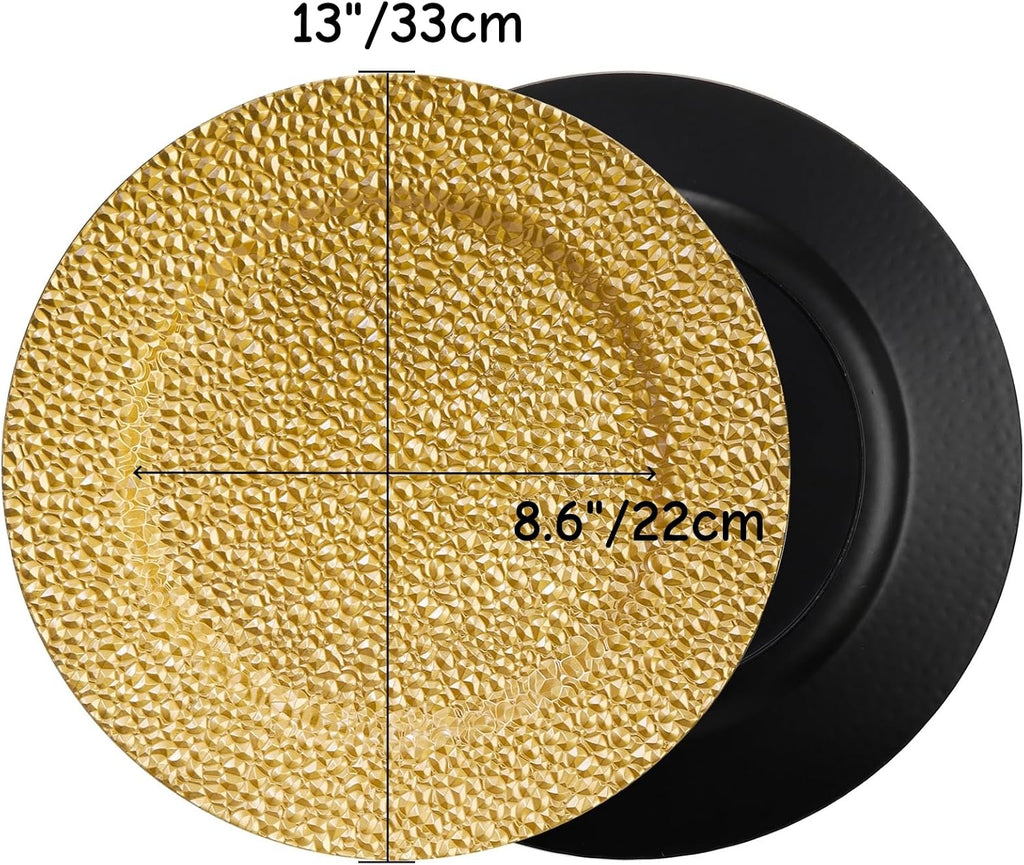 Gold Charger Plates, 13" Round Plastic Serving Chargers, Decorative Dinner Plate Chargers Bulk, Antique Table - Set of 12