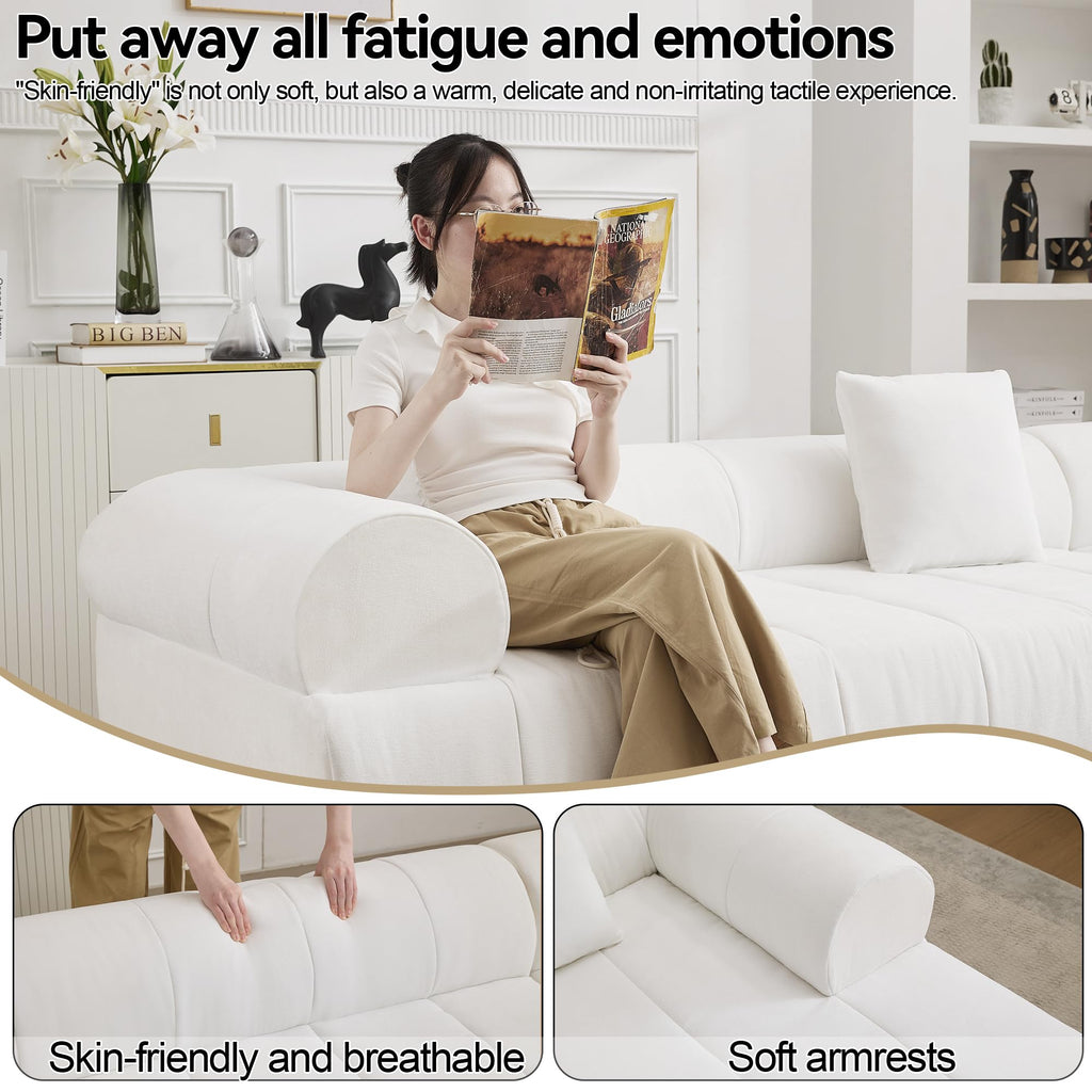 119'' Curved Boneless, 3 Seat L Shaped Couch White