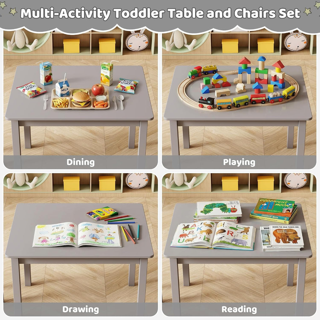Wooden Kids Table and Chair Set, 26"L x 22"W, CPSC-Certified, Grey