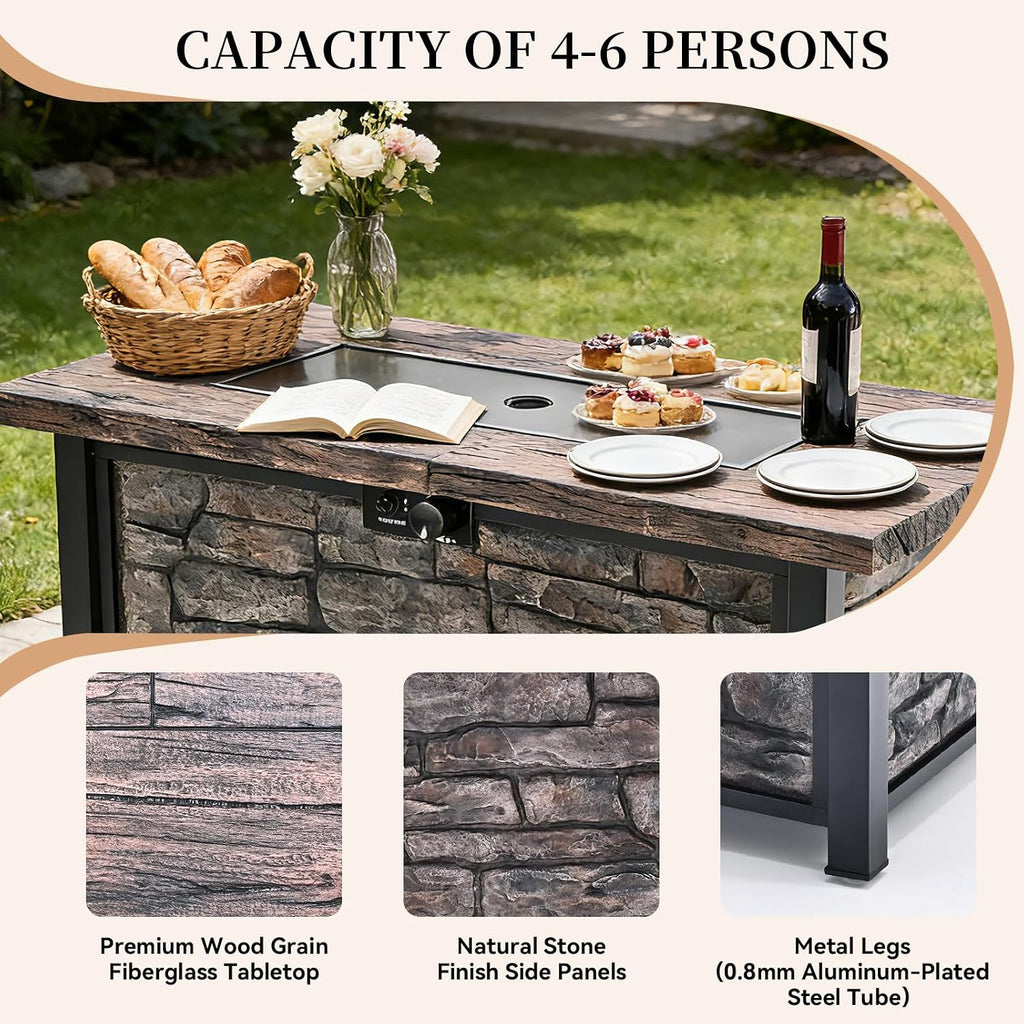 48 inch Propane Fire Pit Table, with Fiberglass Faux Wood Top, 50,000 BTU | Aluminum-coated steel legs, Includes lava