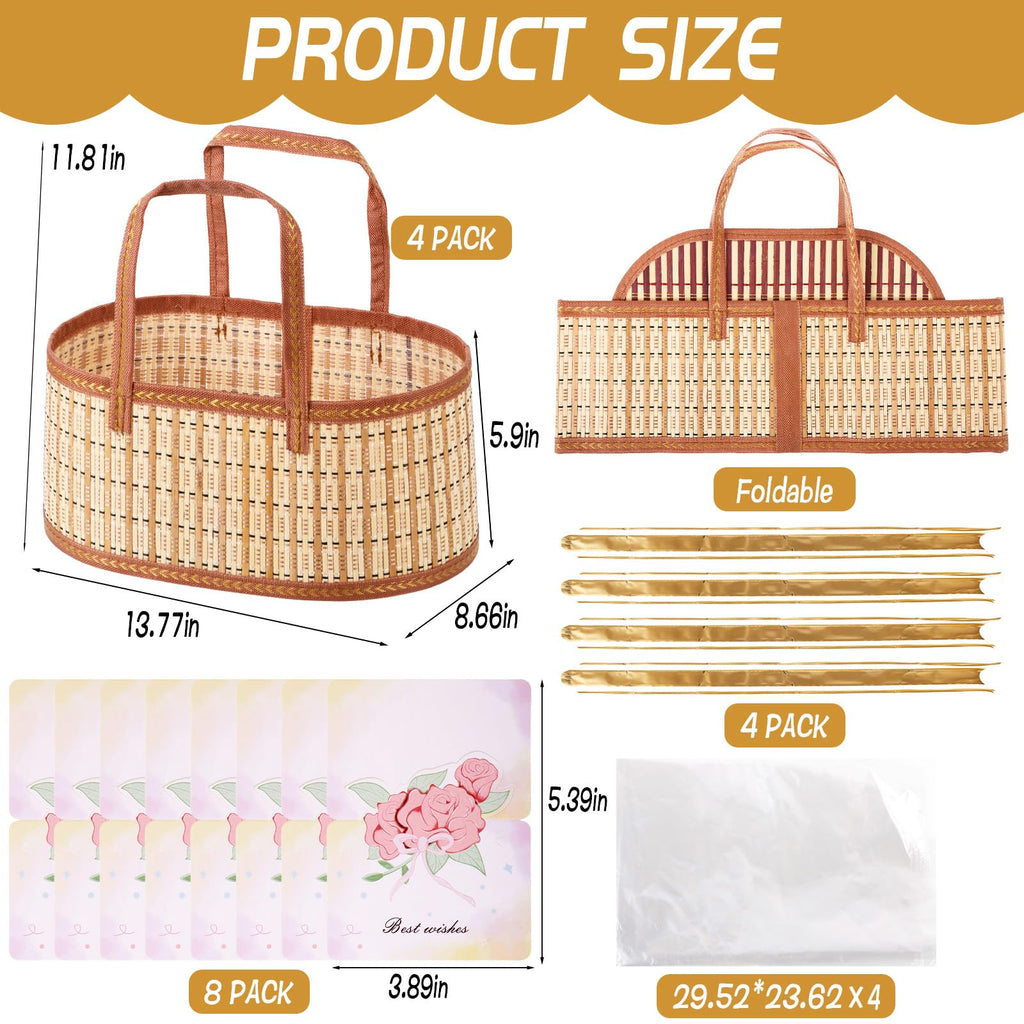 4 Set Baskets for Gifts Empty, Large Gift Empty Bamboo Basket with Handles, Foldable Woven Gift Basket with Wrap