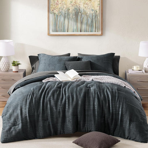 MaiRêve Queen Comforter Set Blue Grey, Textured Design Crinkle Bedding Sets 7 Pieces