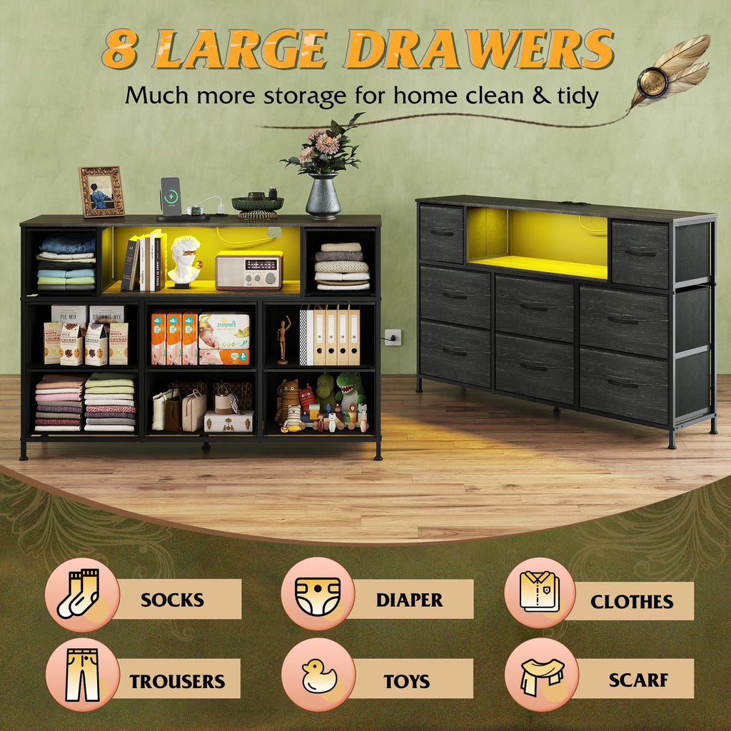 LED Dresser TV Stand for 55 Inch TV, 8 Fabric Drawers, Charcoal Black