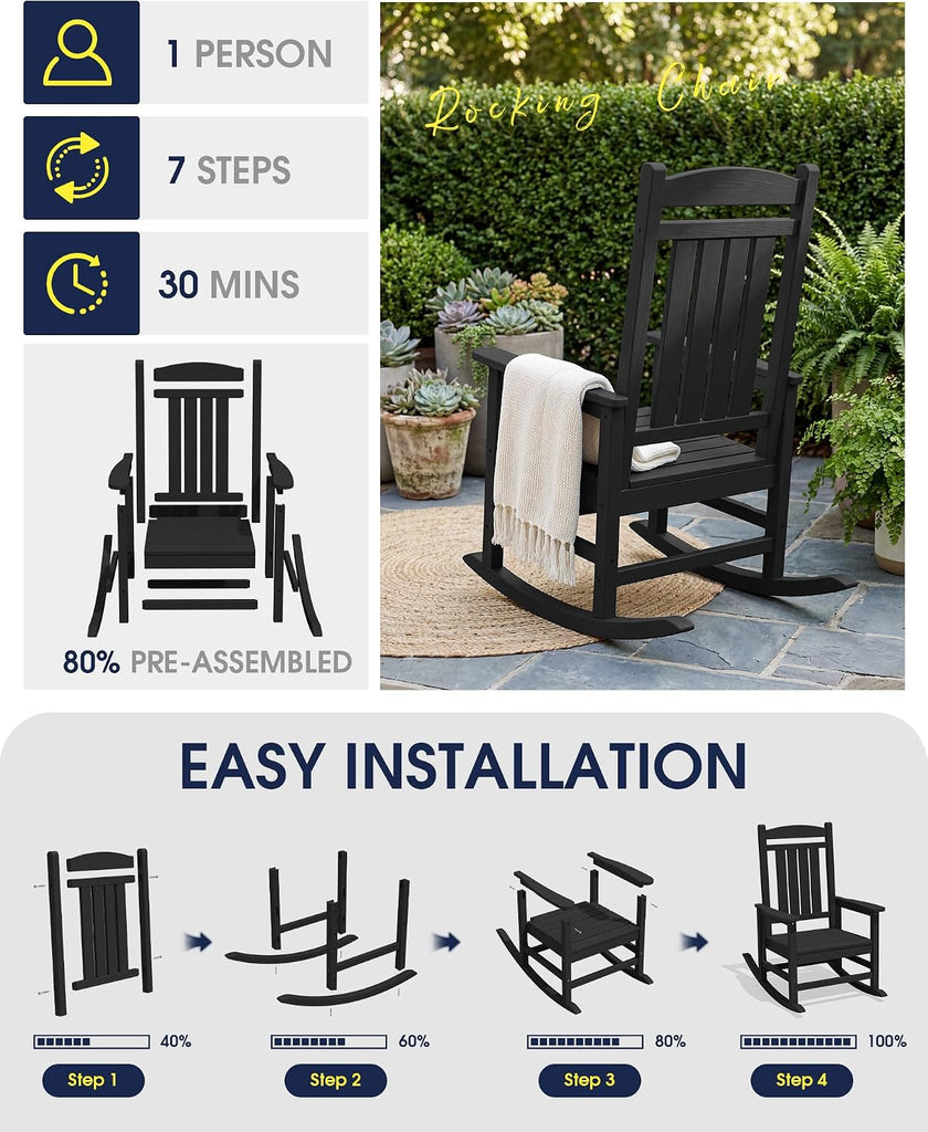 Oversized Outdoor Rocking Chairs Set of 2, HDPE Porch Rocker, Black | - Rocking Chairs for Outdoor with Wide Seat