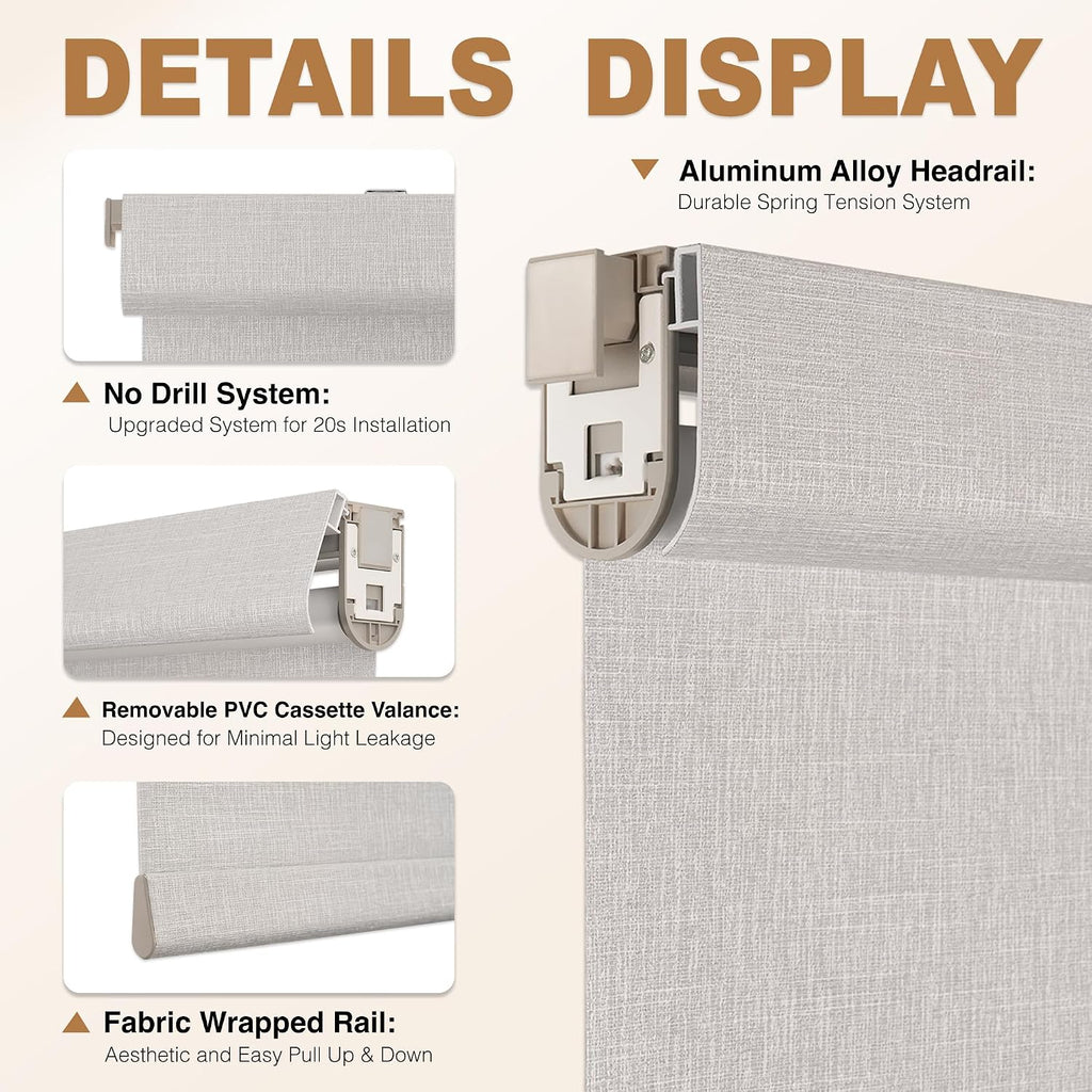 No Drill Cordless Blackout Roller Shades, Grey, 22.5" W x 54" H | Thermal Insulation, UV Privacy Protection, Easy