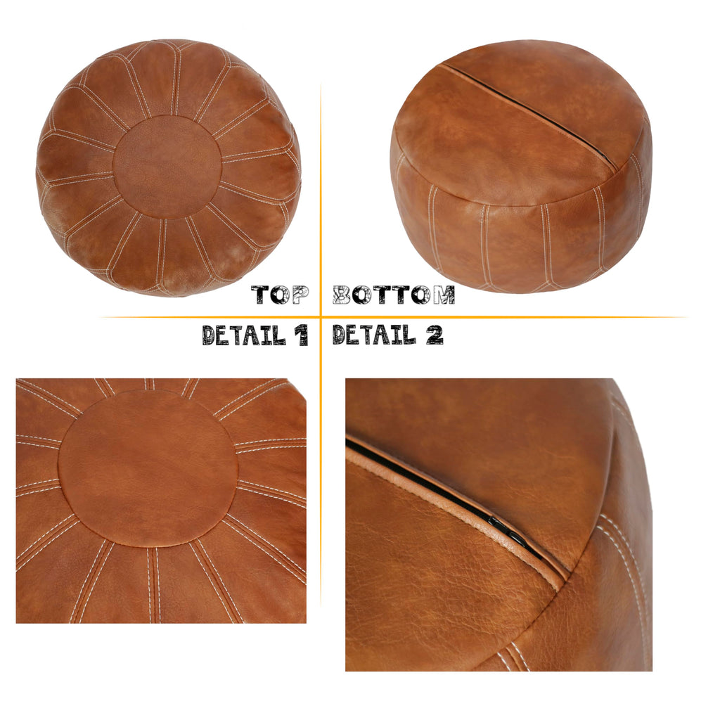 Unstuffed Moroccan Faux Leather Pouf Ottoman Cover with Storage - Boho Chic Multi-Use Footrest - Round Ethnic Floor