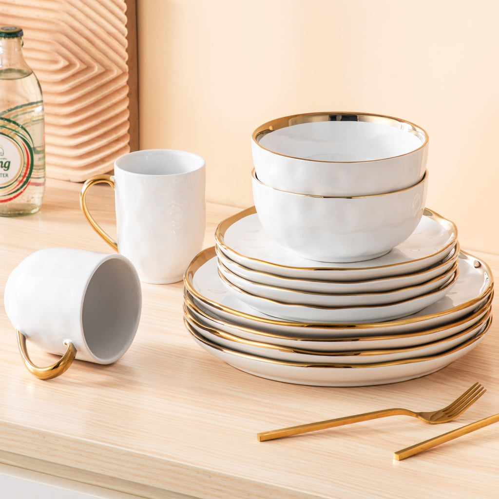 16 Pieces Plates and Bowls Sets, Porcelain White and Gold Dinnerware Sets, Round Dinner Plates Dishes Set Service