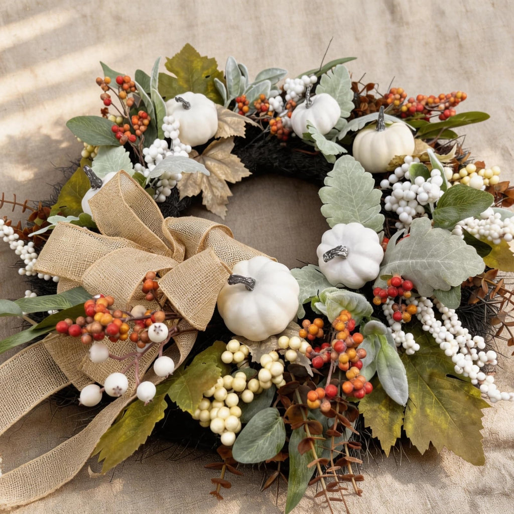 24 Inch Neutral Fall Wreath for Front Door with White Pumpkins & Bow